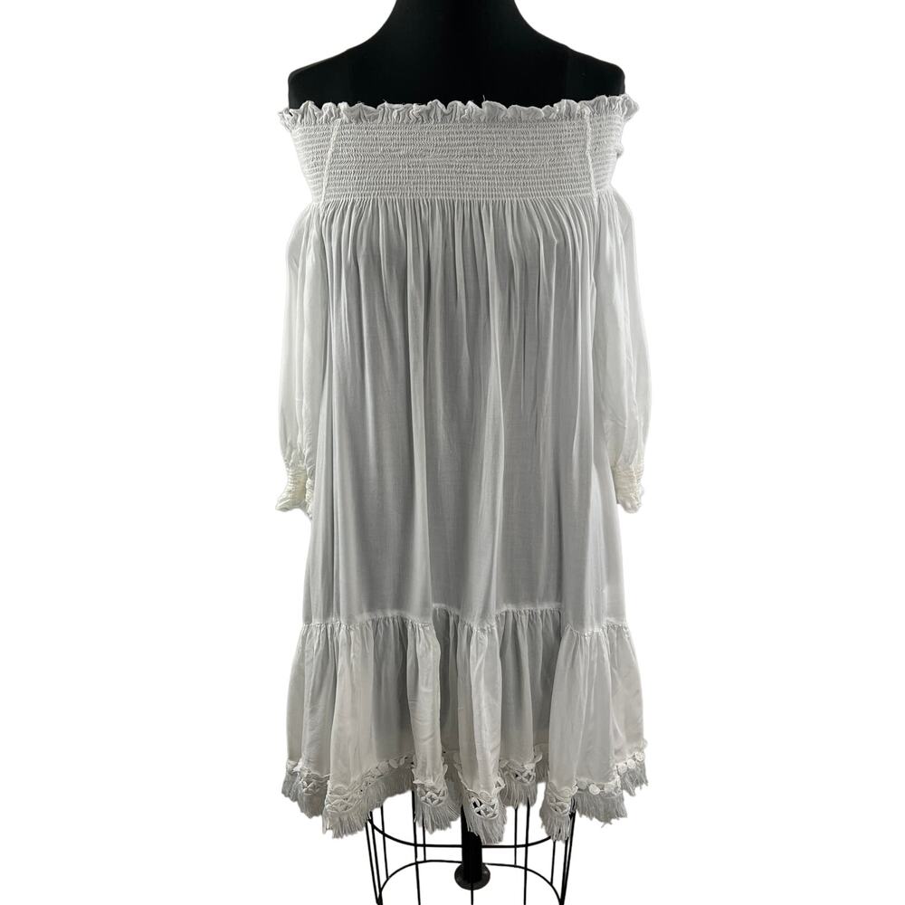 THAYER White Shift Dress Model Smocked Off the Shoulder 3/4 Sleeve Size XS